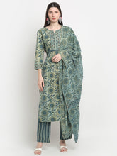 Maluka Women Cotton Green Hand Block Floral Printed Kurta Set