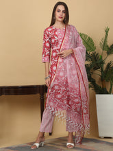 Maluka Women Cotton Red Hand Block Floral Printed Kurta Set