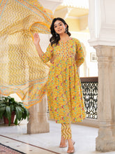 Maluka Women’s Yellow Floral Cotton Kurta Set with Dupatta