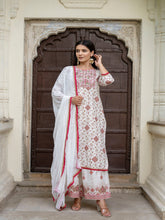 Maluka Women Cotton Foil Embroidered Kurta Sarara with Dupatta Set