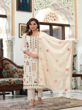 Maluka Women Off White Peach Emb. Cotton Printed Kurta Pant Dupatta Set