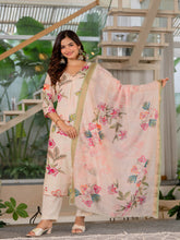 Maluka Women Beige Modal Chanderi Kurta Pant Duptta Set