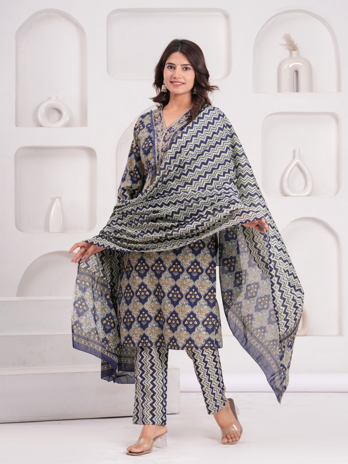 Maluka Women Navy Cotton Printed Kurta Pant Dupatta Set