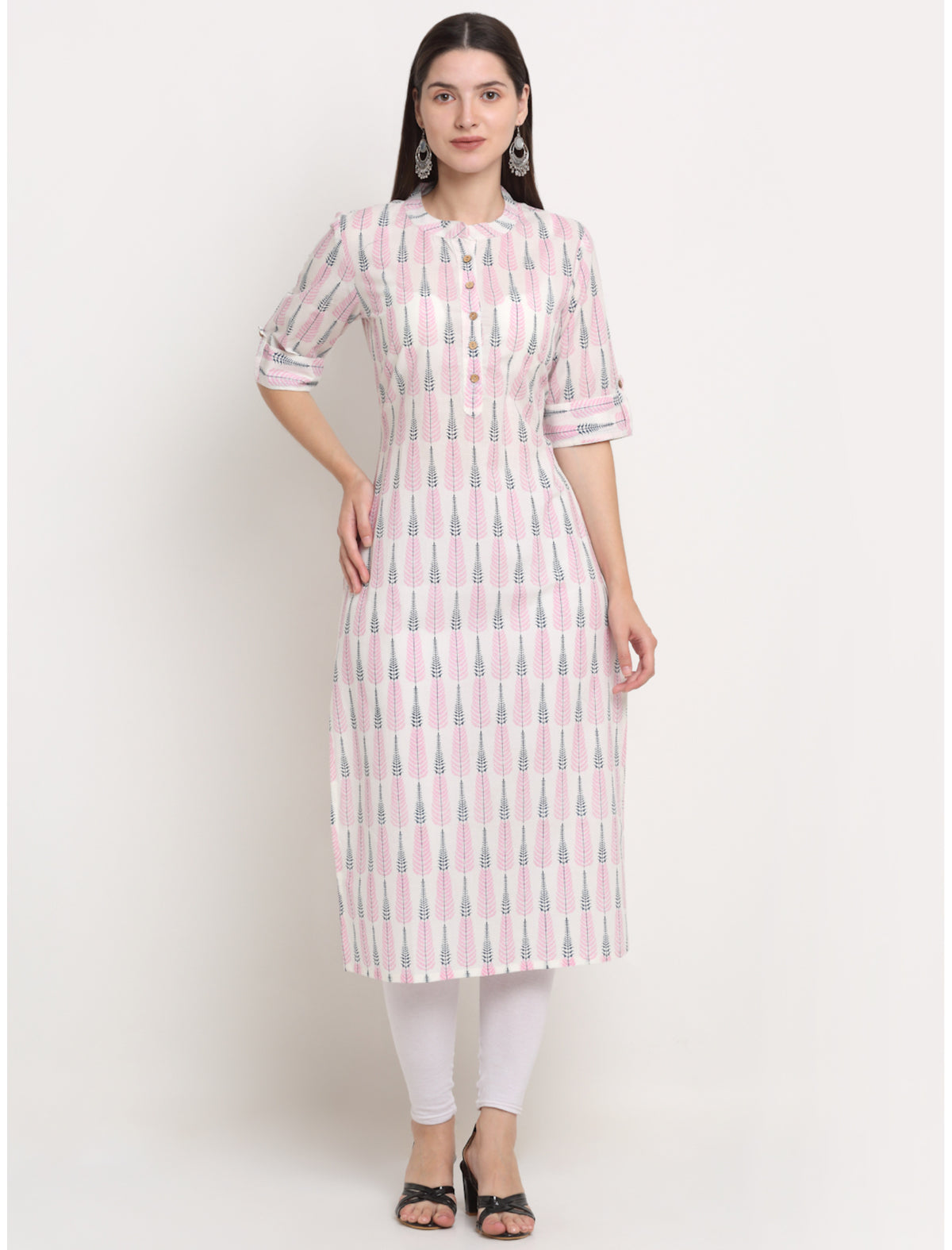 Maluka Women’s White Cotton Floral Print Kurta with Short Sleeve & Mandarin Collar