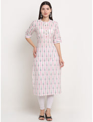 Maluka Women’s White Cotton Floral Print Kurta with Short Sleeve & Mandarin Collar