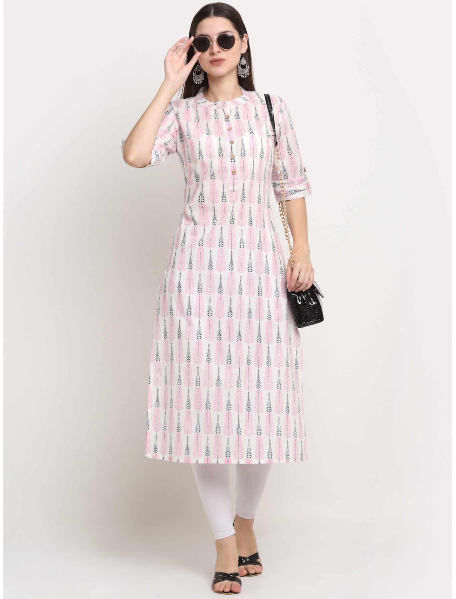 Maluka Women’s White Cotton Floral Print Kurta with Short Sleeve & Mandarin Collar