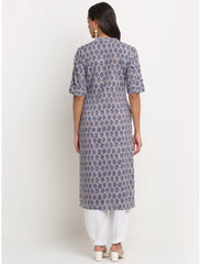 Maluka Women’s Grey Cotton Floral Print Kurta with Short Sleeve & Mandarin Collar
