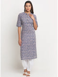 Maluka Women’s Grey Cotton Floral Print Kurta with Short Sleeve & Mandarin Collar