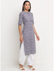 Maluka Women’s Grey Cotton Floral Print Kurta with Short Sleeve & Mandarin Collar