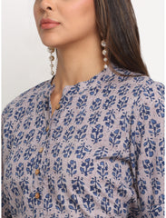 Maluka Women’s Grey Cotton Floral Print Kurta with Short Sleeve & Mandarin Collar