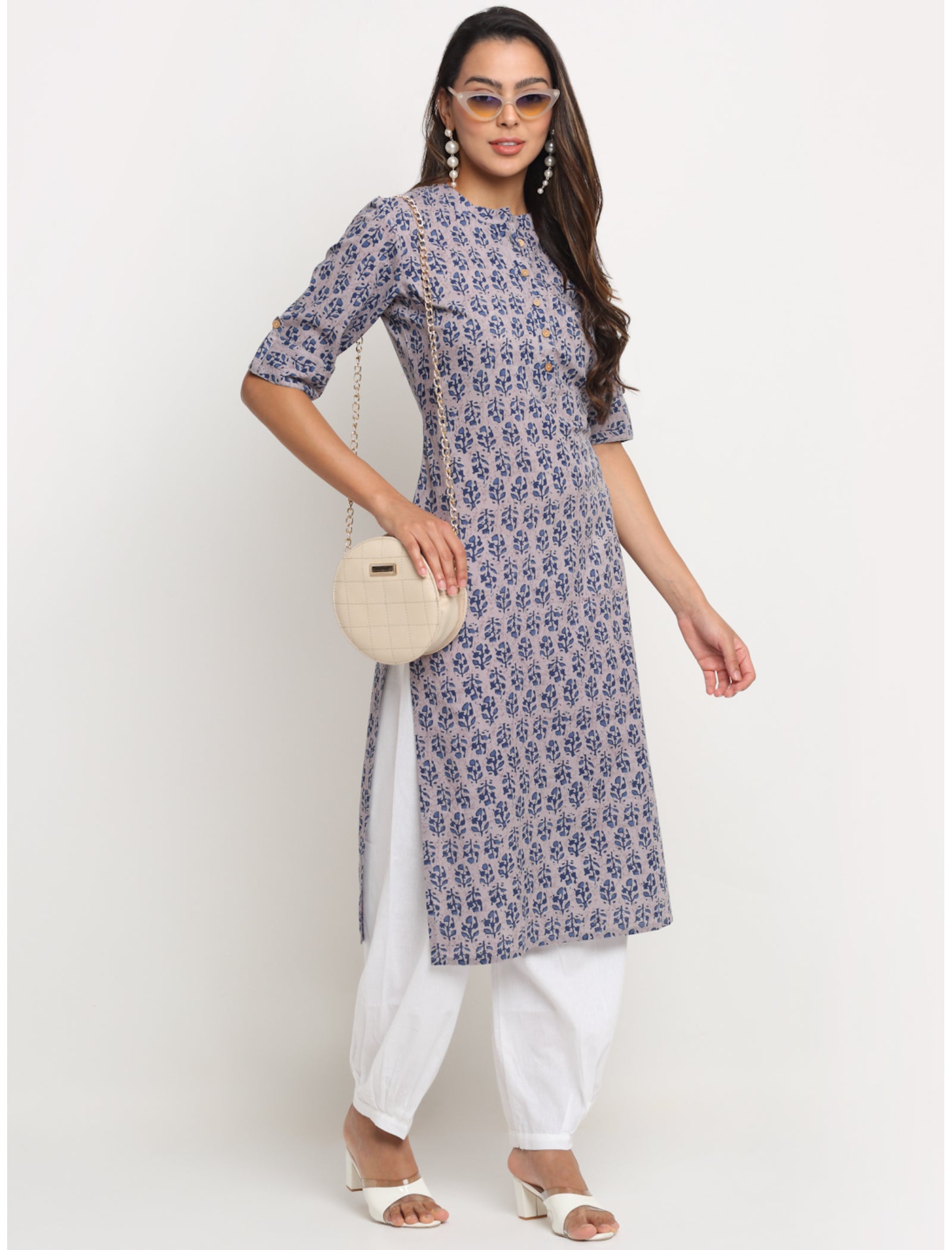Maluka Women’s Grey Cotton Floral Print Kurta with Short Sleeve & Mandarin Collar
