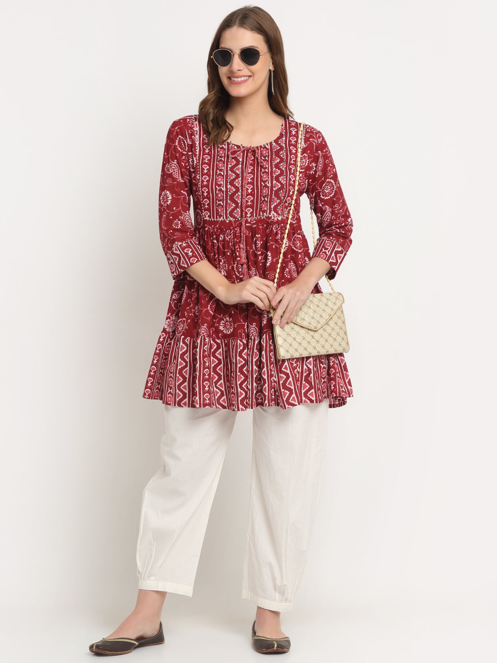 Maluka Women’s Blue & Maroon Floral Cotton Tunic with Sequins & Tassels