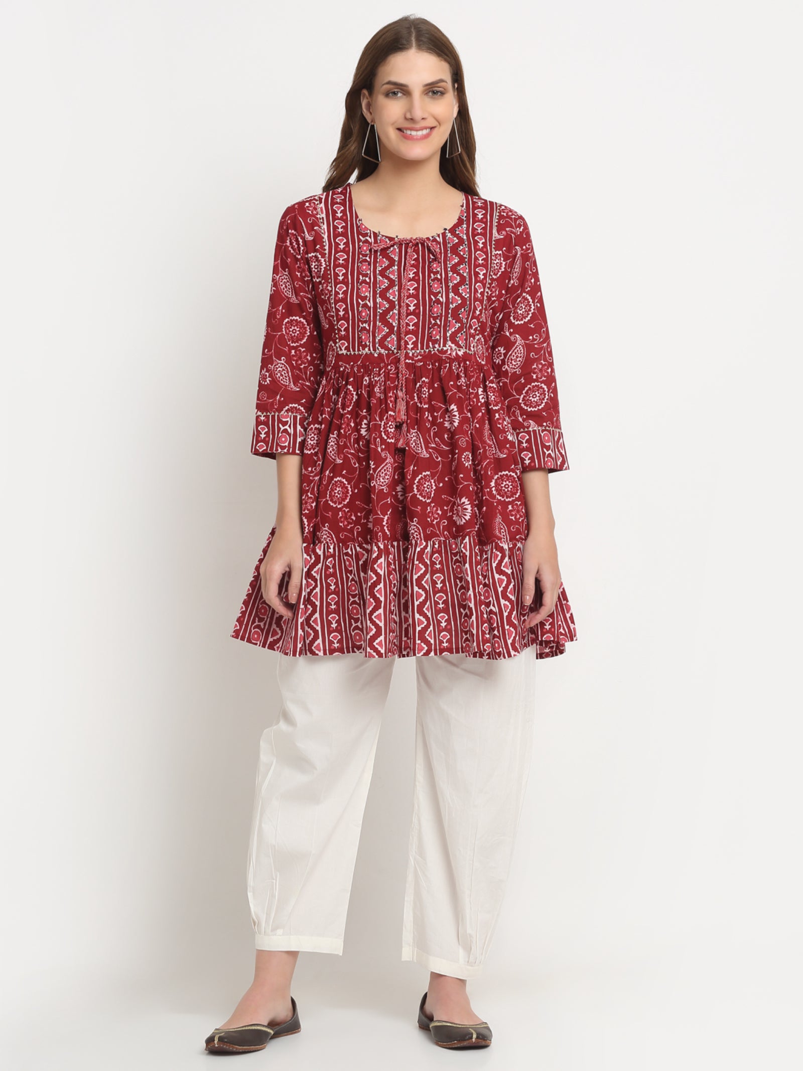 Maluka Women’s Blue & Maroon Floral Cotton Tunic with Sequins & Tassels