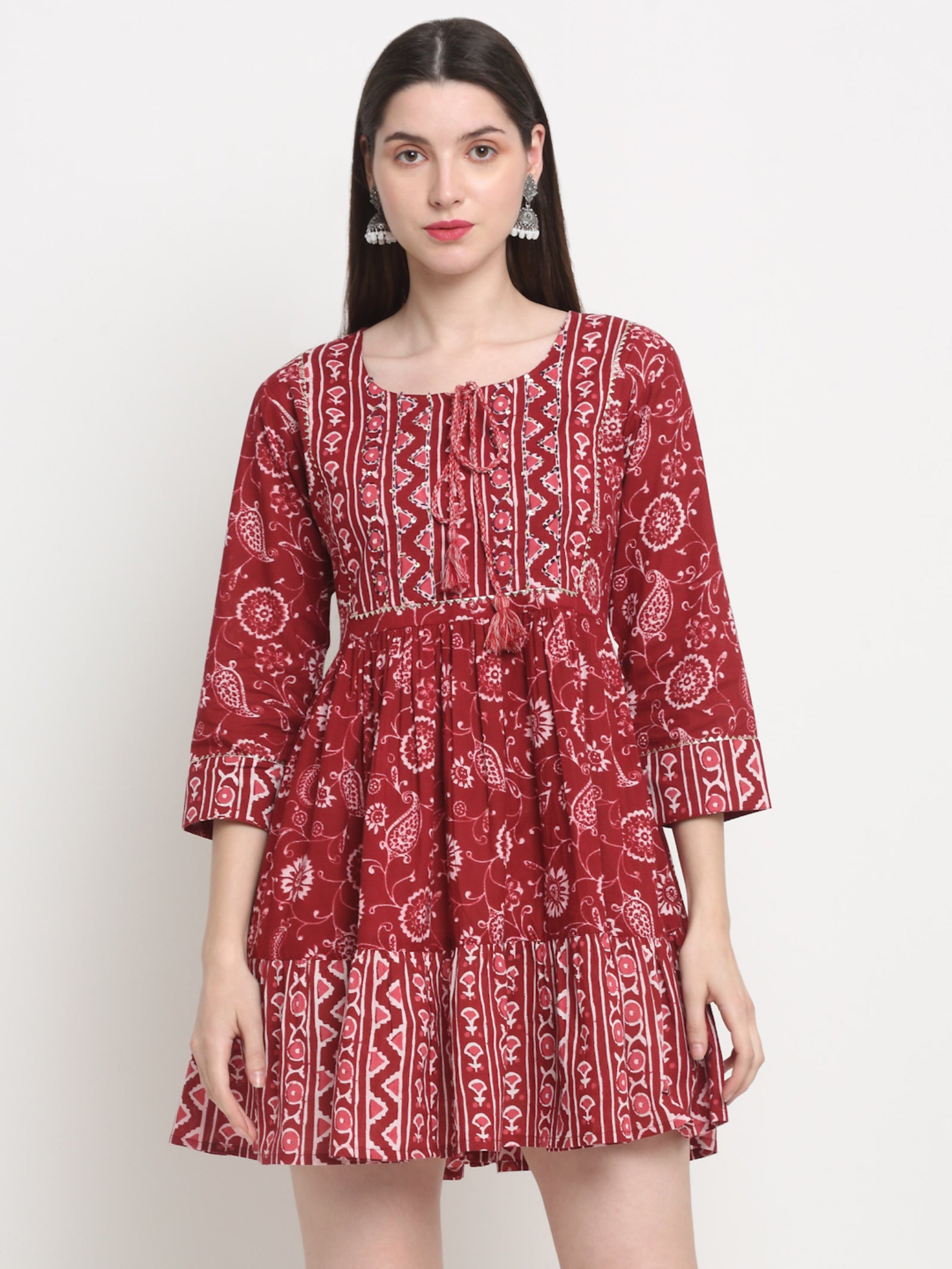 Maluka Women’s Blue & Maroon Floral Cotton Tunic with Sequins & Tassels