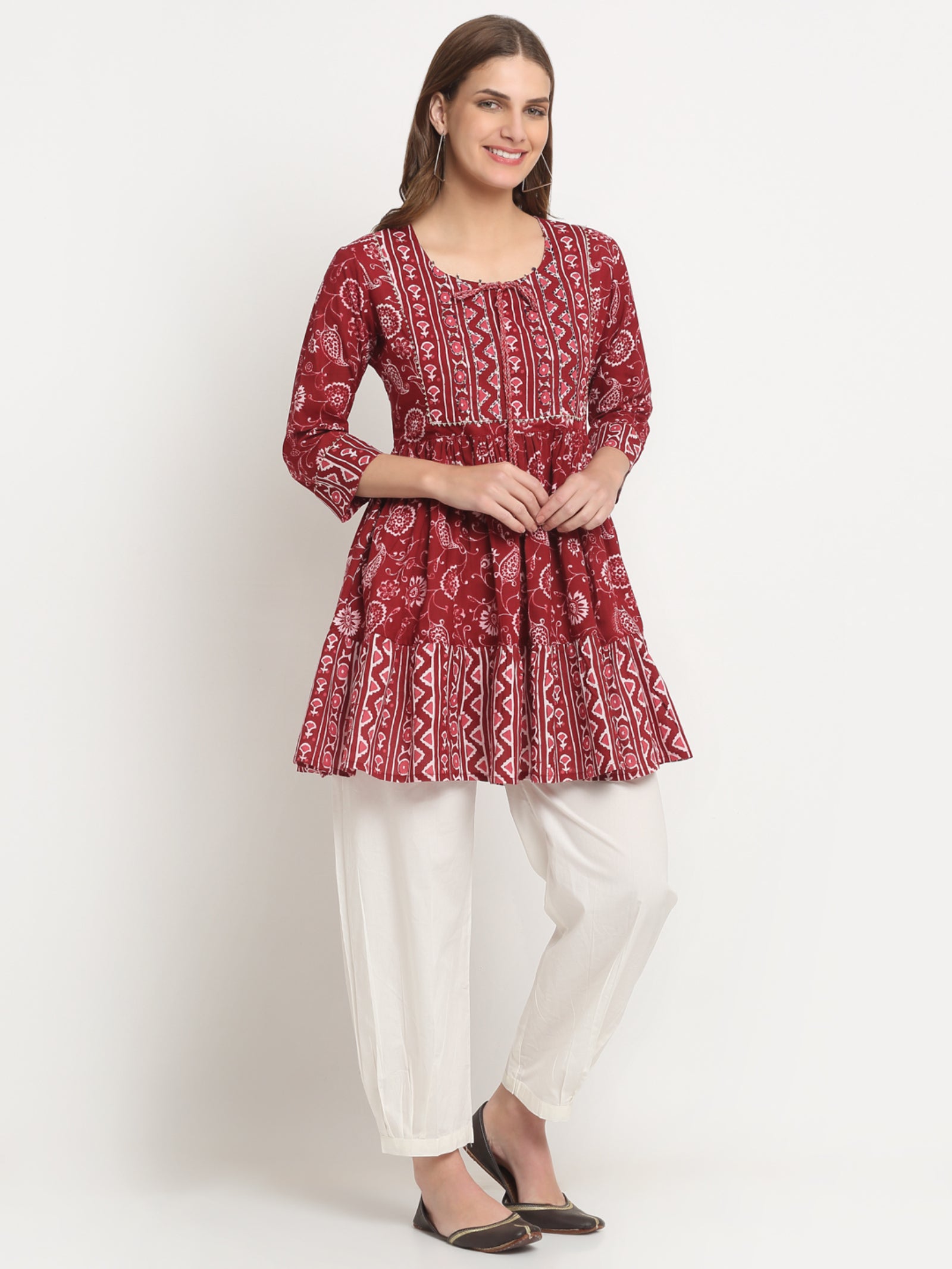 Maluka Women’s Blue & Maroon Floral Cotton Tunic with Sequins & Tassels