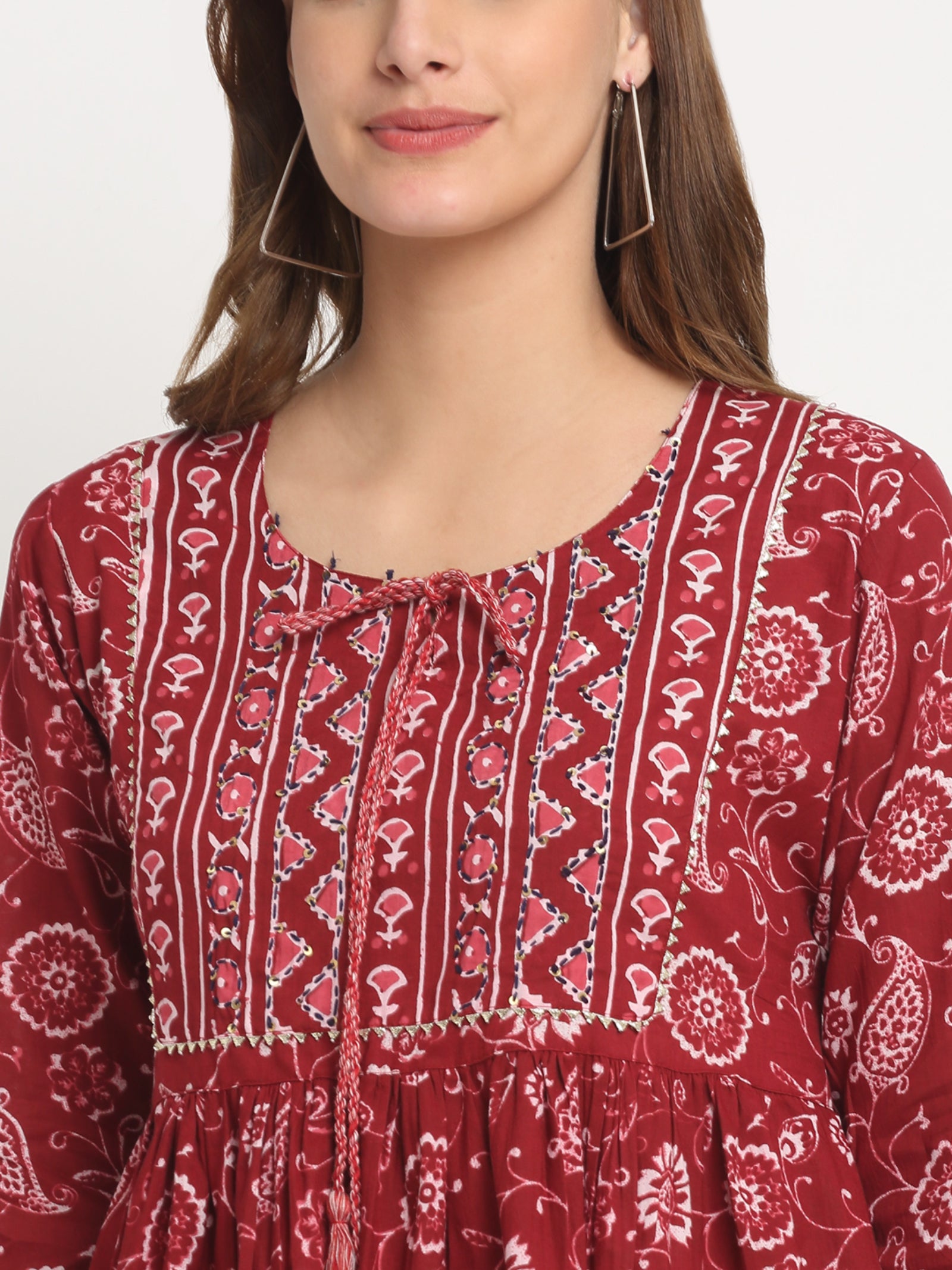 Maluka Women’s Blue & Maroon Floral Cotton Tunic with Sequins & Tassels