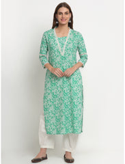 Maluka Women’s Pink/Green Cotton Ethnic Motifs Kurta with 3/4 Sleeve & Gotta Patti Work