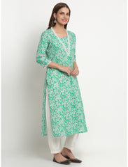 Maluka Women’s Pink/Green Cotton Ethnic Motifs Kurta with 3/4 Sleeve & Gotta Patti Work