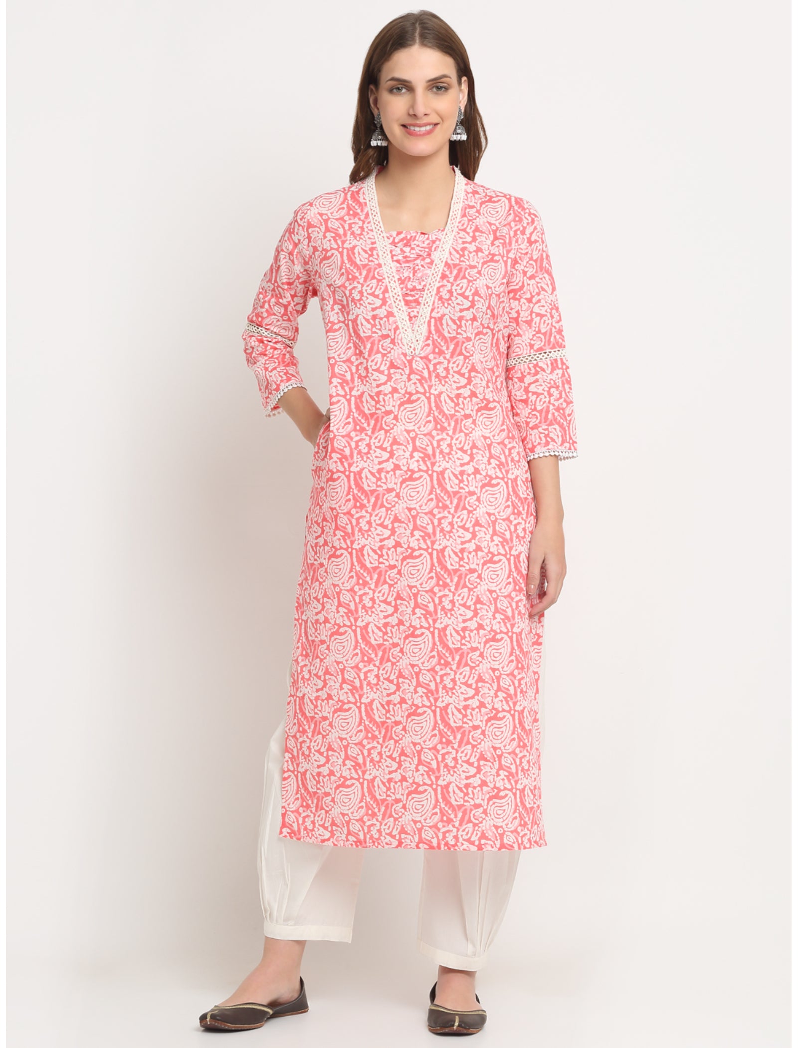 Maluka Women’s Pink/Green Cotton Ethnic Motifs Kurta with 3/4 Sleeve & Gotta Patti Work