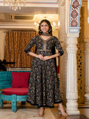 Maluka Women Rayon Foil Floral Print Gown With Dupatta Set