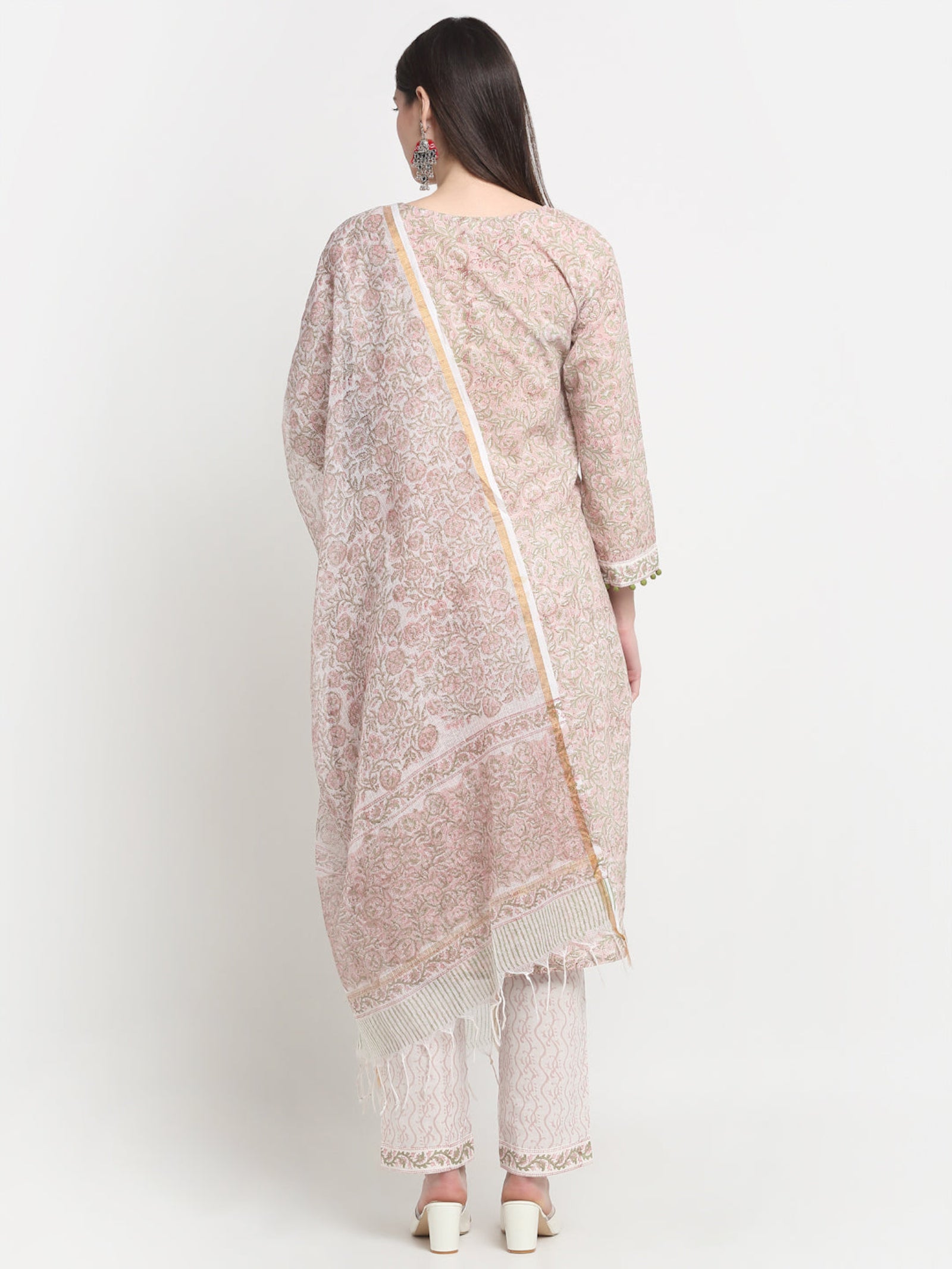 Maluka Women Cotton Peach Hand Block Printed Kurta Set