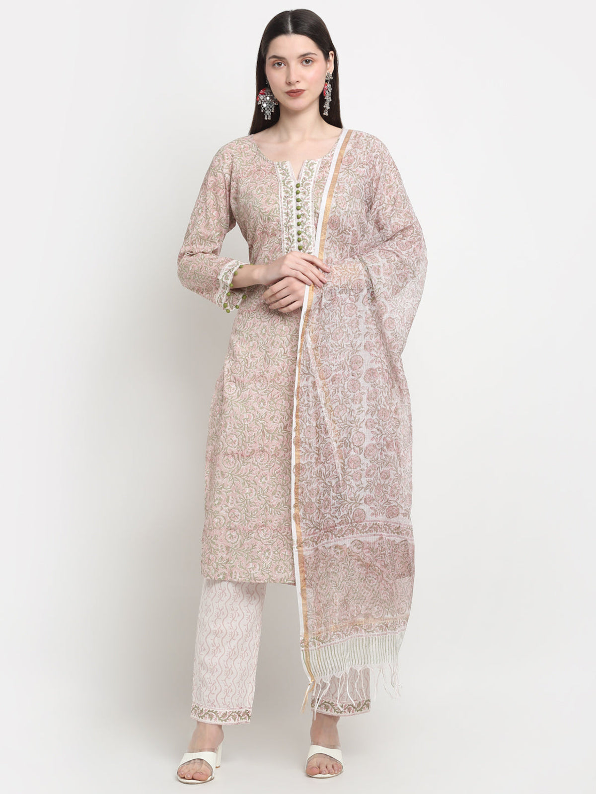 Maluka Women Cotton Peach Hand Block Printed Kurta Set