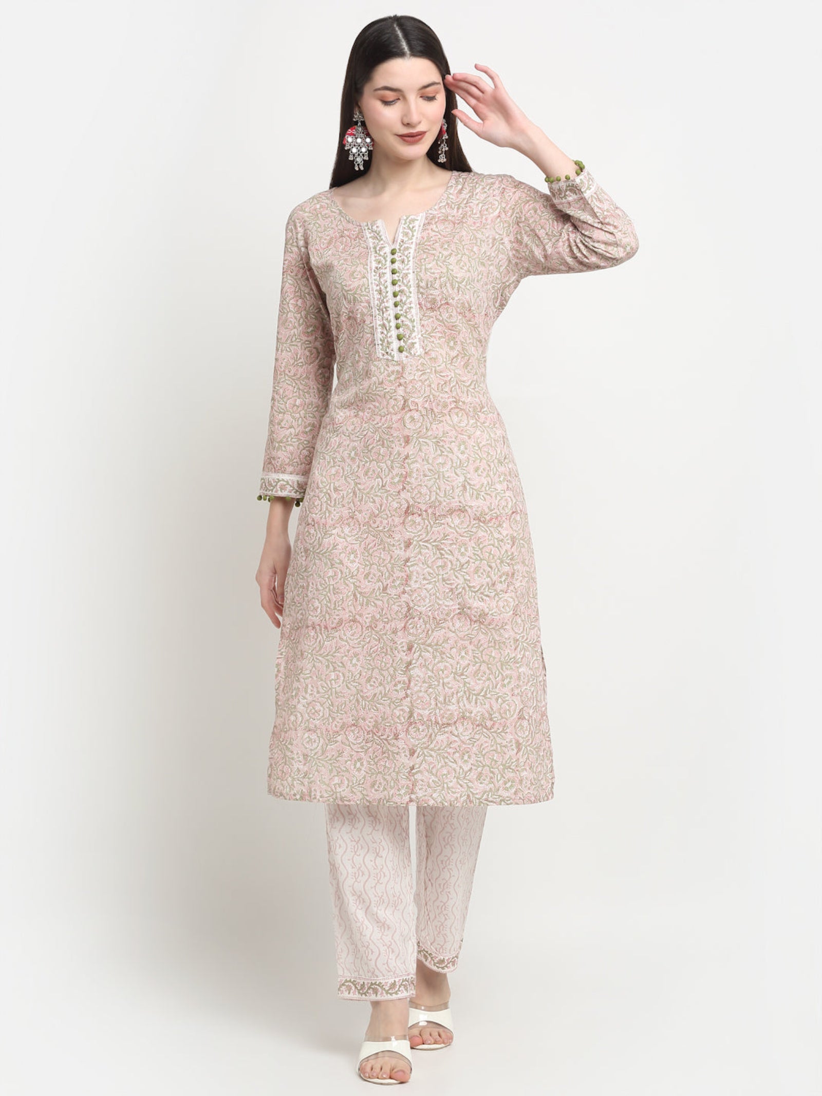 Maluka Women Cotton Peach Hand Block Printed Kurta Set