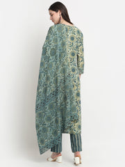 Maluka Women Cotton Green Hand Block Floral Printed Kurta Set