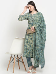 Maluka Women Cotton Green Hand Block Floral Printed Kurta Set