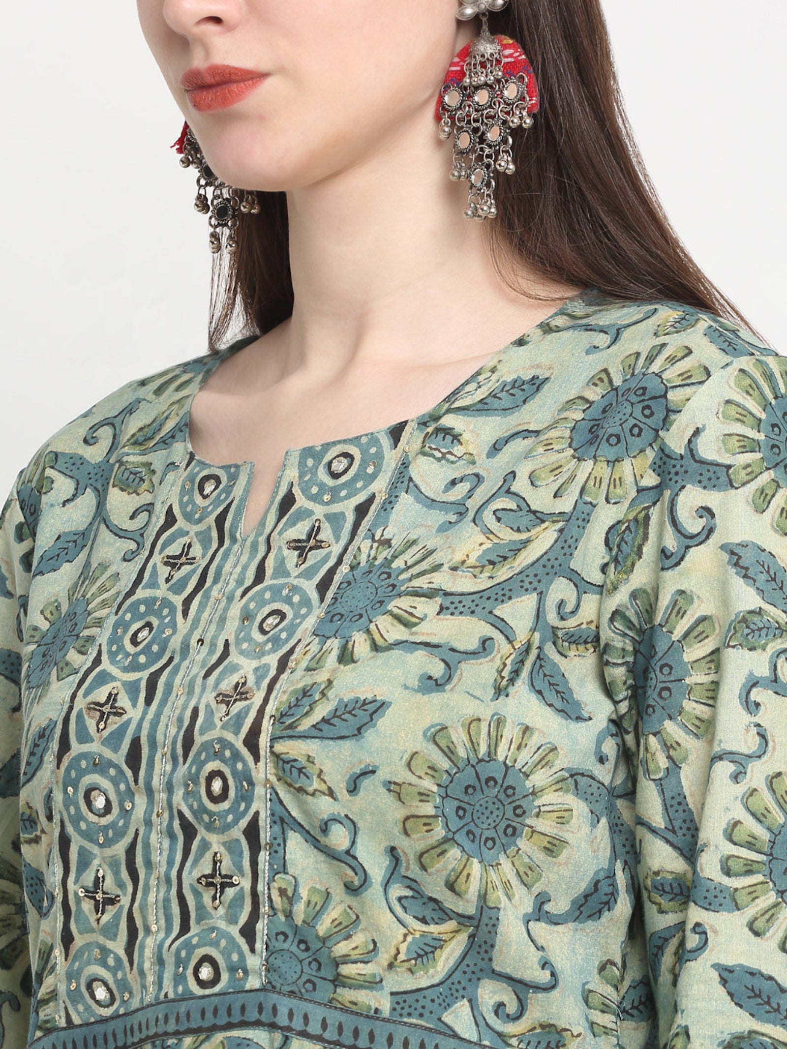 Maluka Women Cotton Green Hand Block Floral Printed Kurta Set