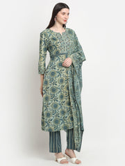 Maluka Women Cotton Green Hand Block Floral Printed Kurta Set