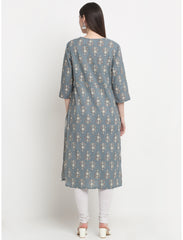 Maluka Women’s Grey/Green Cotton Floral Print Kurta with 3/4 Sleeve & Tagai Work