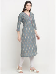 Maluka Women’s Grey/Green Cotton Floral Print Kurta with 3/4 Sleeve & Tagai Work