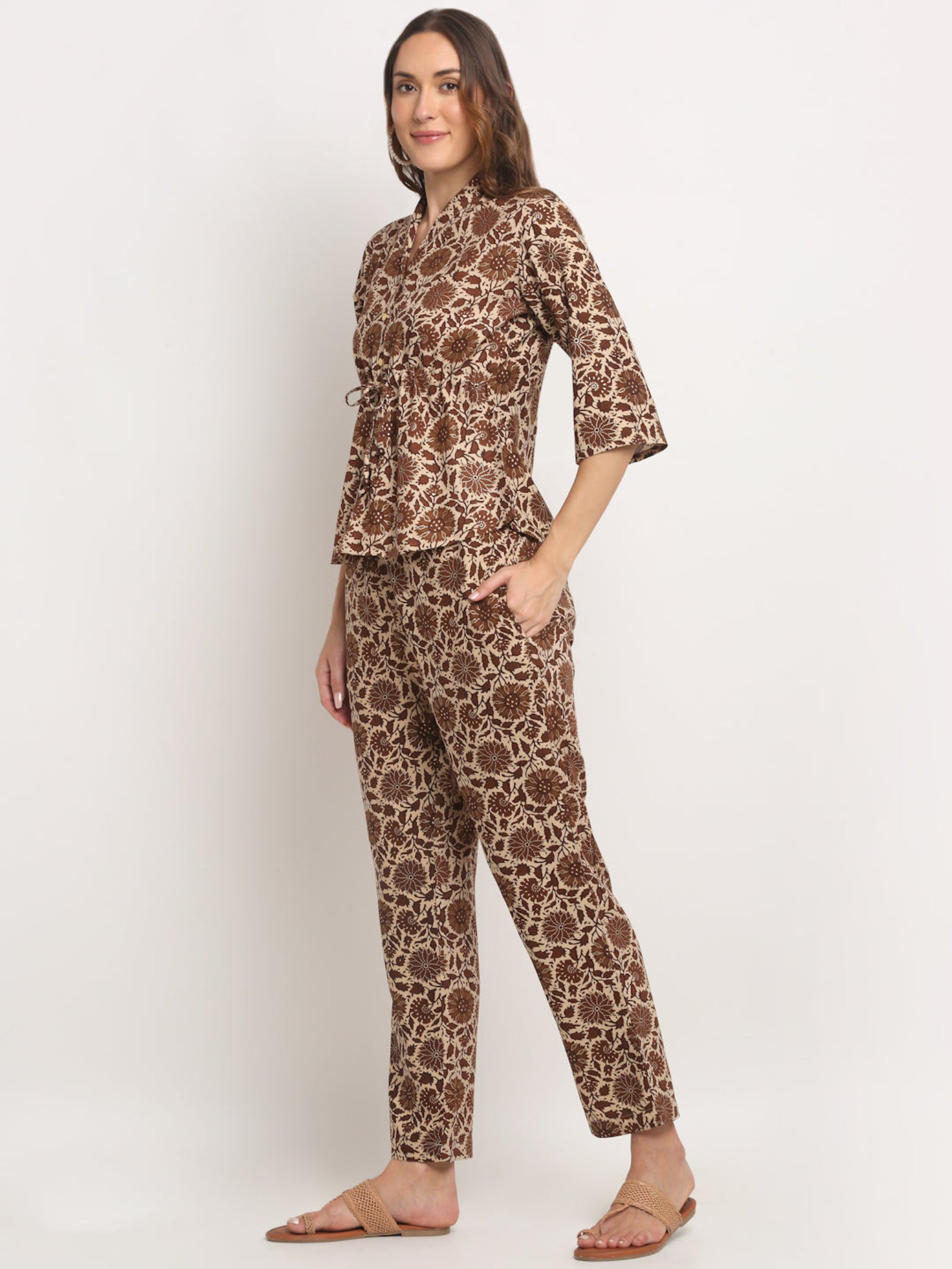 Maluka Women Brown Floral Printed Co-ord Set