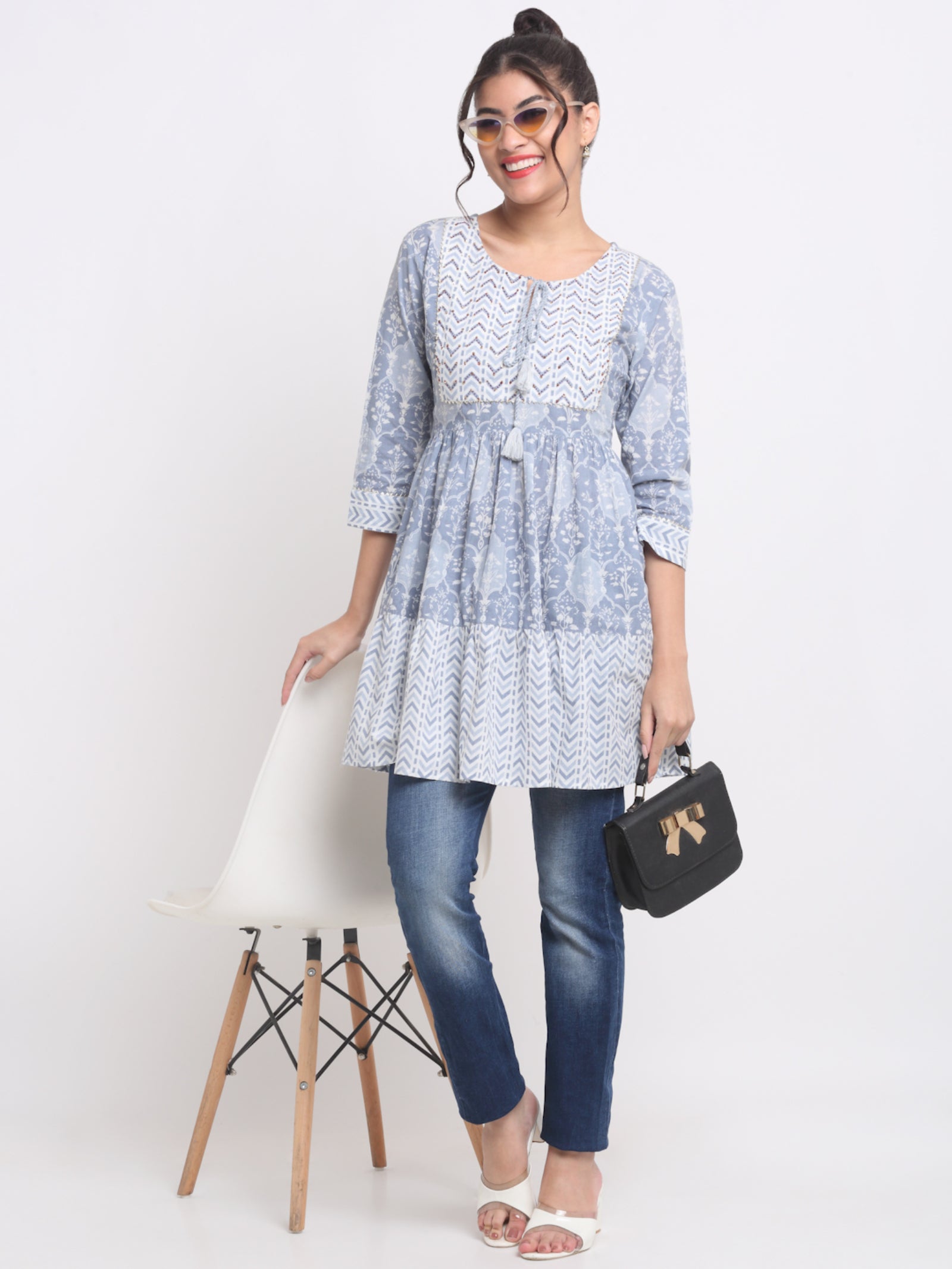 Maluka Women’s Peach & Grey Floral Cotton Tunic with Sequins & Tassels