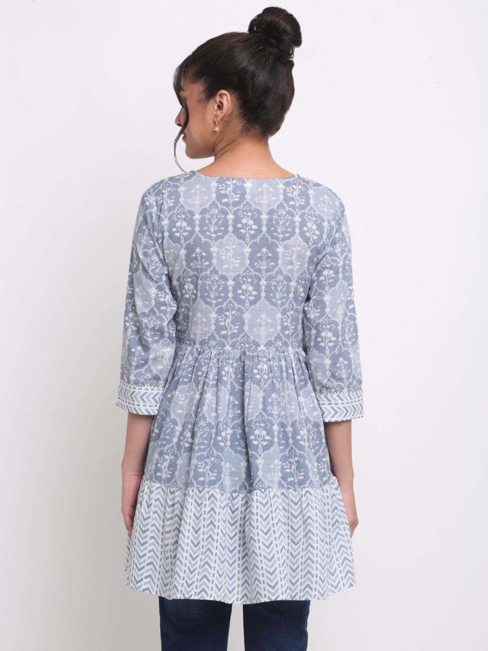 Maluka Women’s Peach & Grey Floral Cotton Tunic with Sequins & Tassels