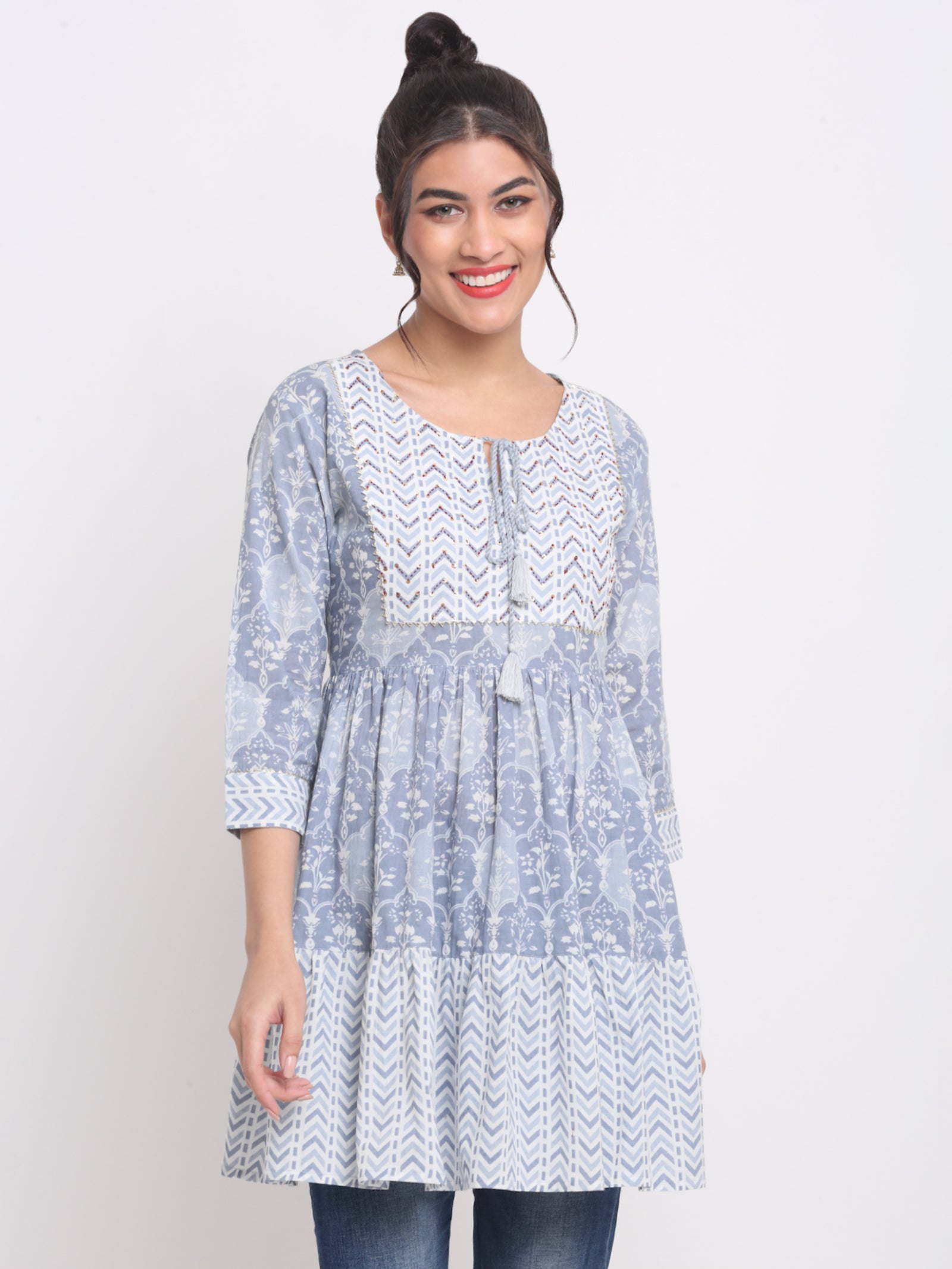 Maluka Women’s Peach & Grey Floral Cotton Tunic with Sequins & Tassels