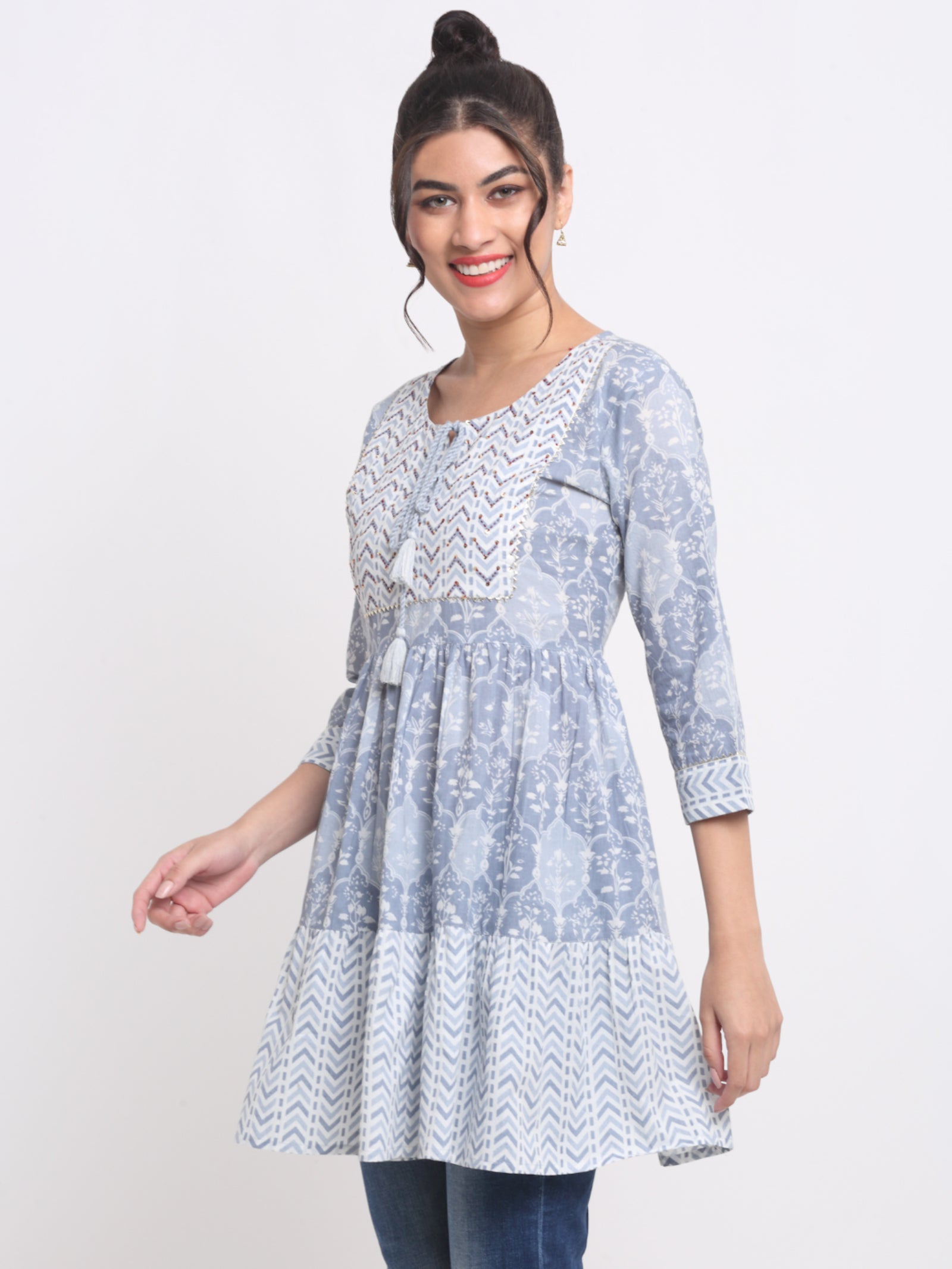 Maluka Women’s Peach & Grey Floral Cotton Tunic with Sequins & Tassels