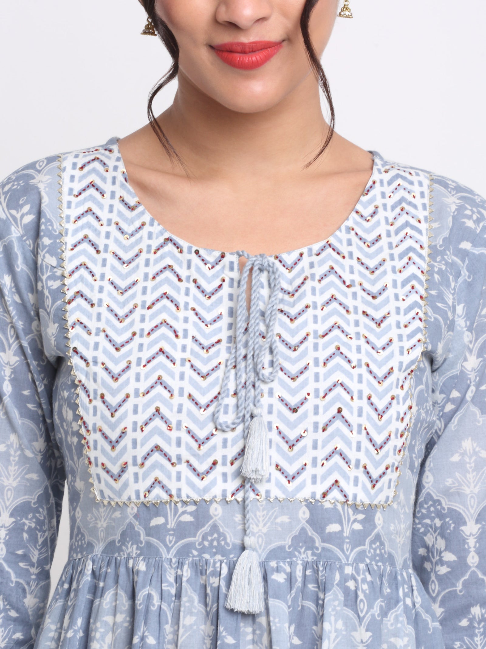 Maluka Women’s Peach & Grey Floral Cotton Tunic with Sequins & Tassels