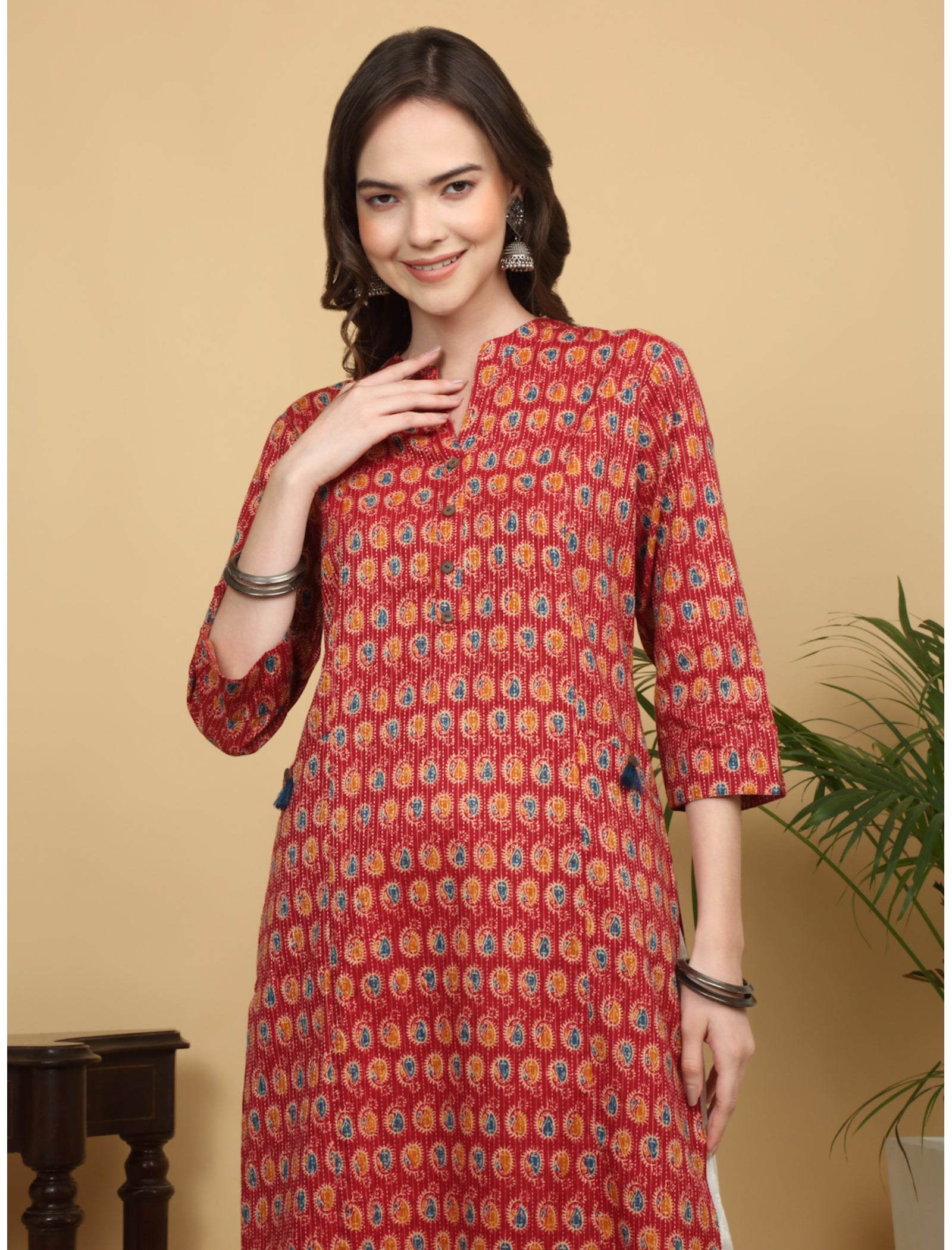 Maluka Women Cotton Kantha Paisley Printed With Tassel Straight Work