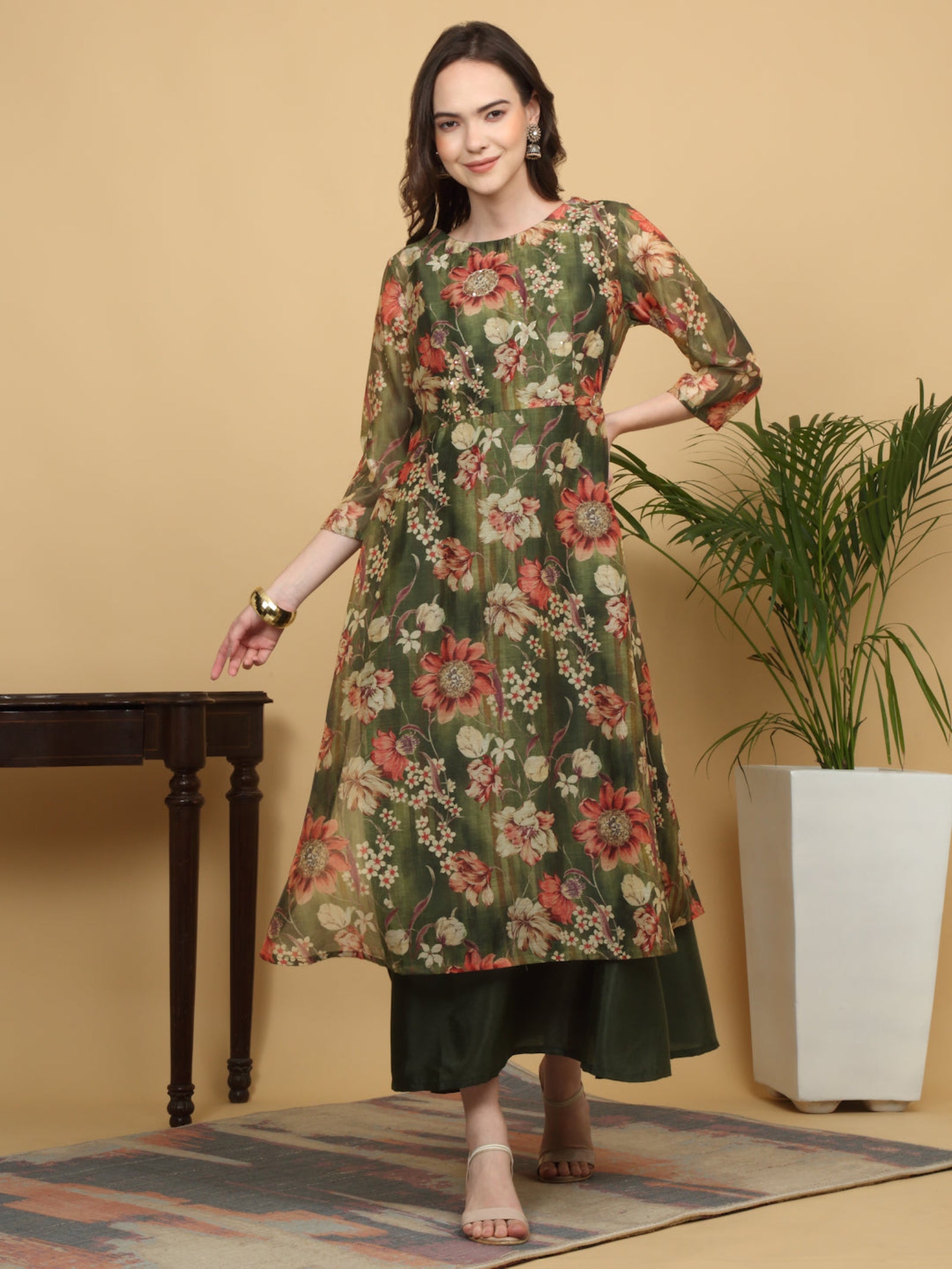 Maluka Women’s Green Floral Print Ankle Length Kurta Set with Dupatta