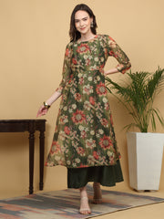 Maluka Women’s Green Floral Print Ankle Length Kurta Set with Dupatta