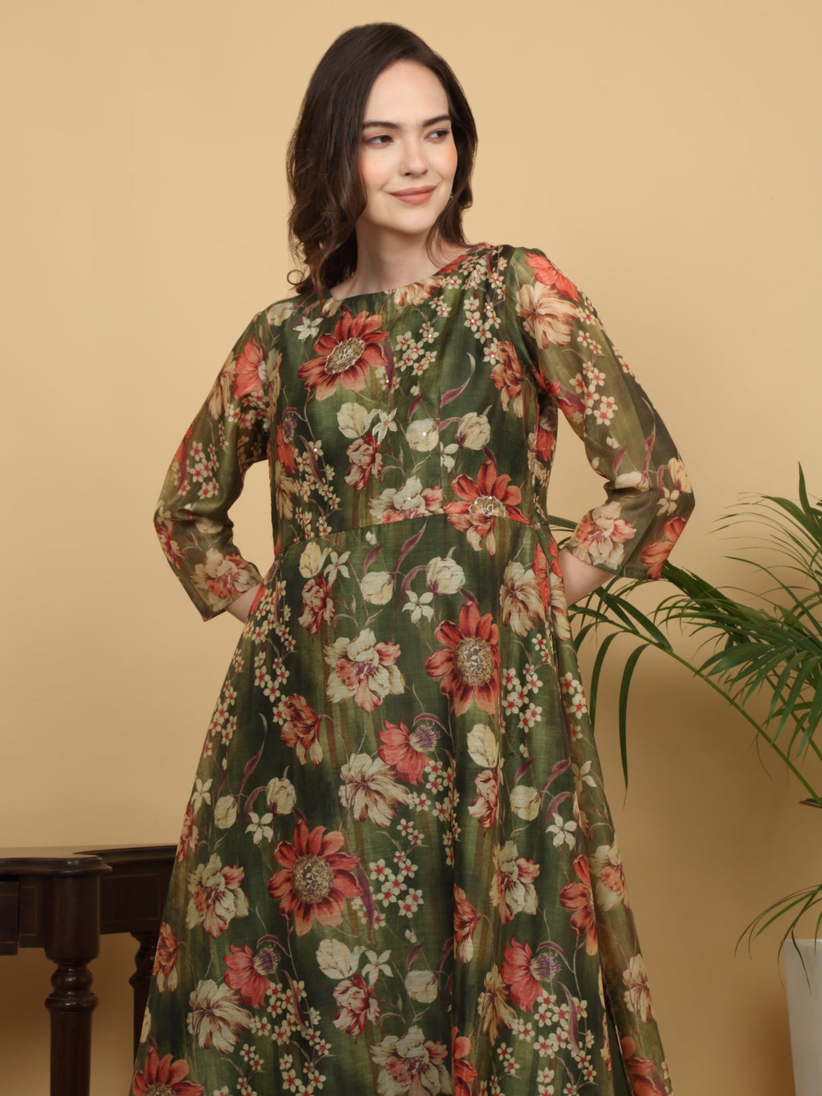 Maluka Women’s Green Floral Print Ankle Length Kurta Set with Dupatta