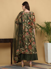 Maluka Women’s Green Floral Print Ankle Length Kurta Set with Dupatta
