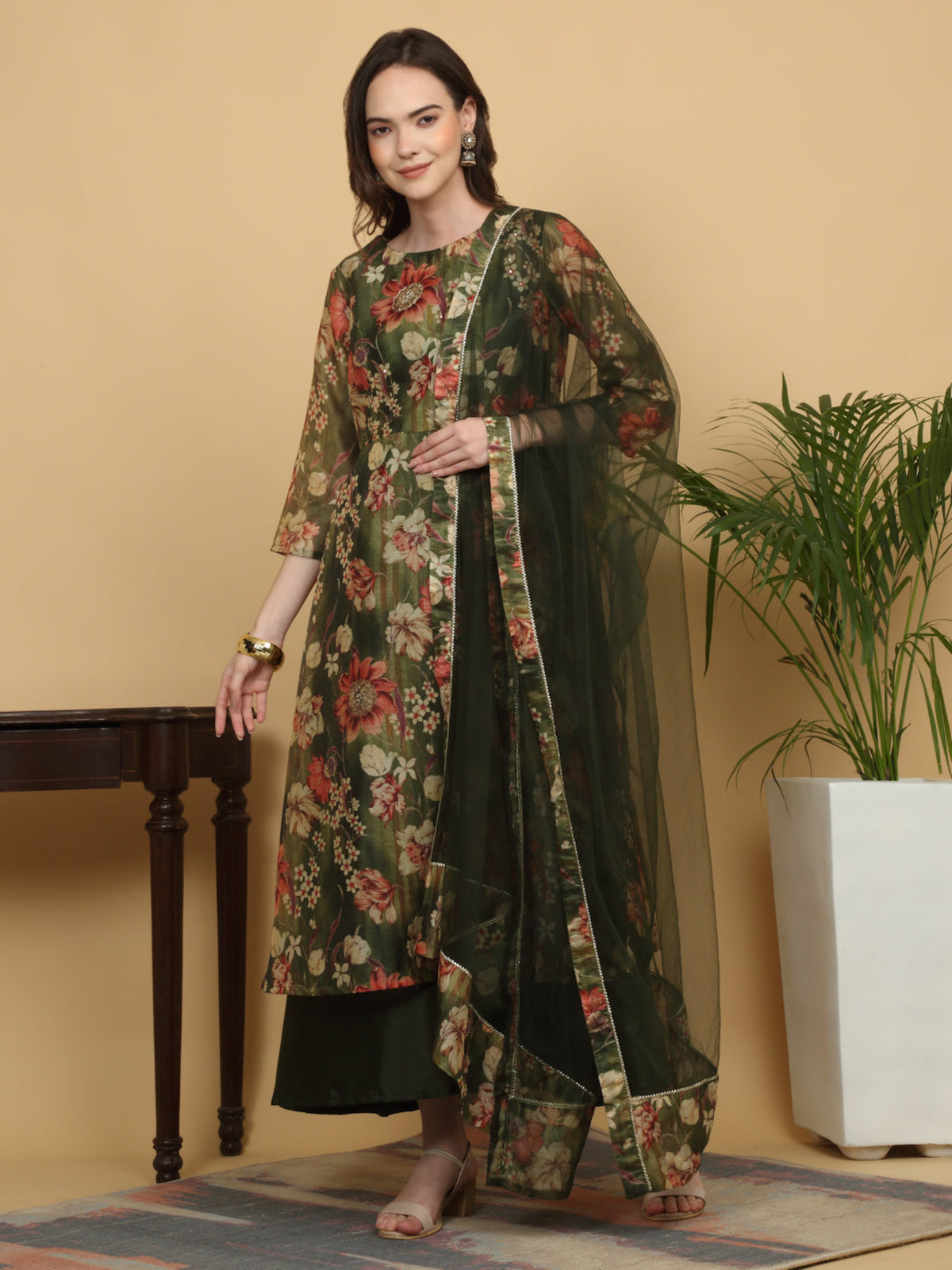 Maluka Women’s Green Floral Print Ankle Length Kurta Set with Dupatta