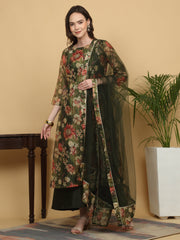 Maluka Women’s Green Floral Print Ankle Length Kurta Set with Dupatta