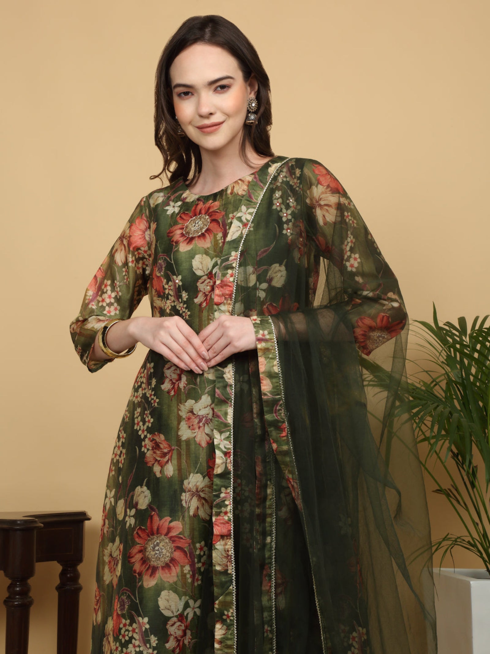 Maluka Women’s Green Floral Print Ankle Length Kurta Set with Dupatta