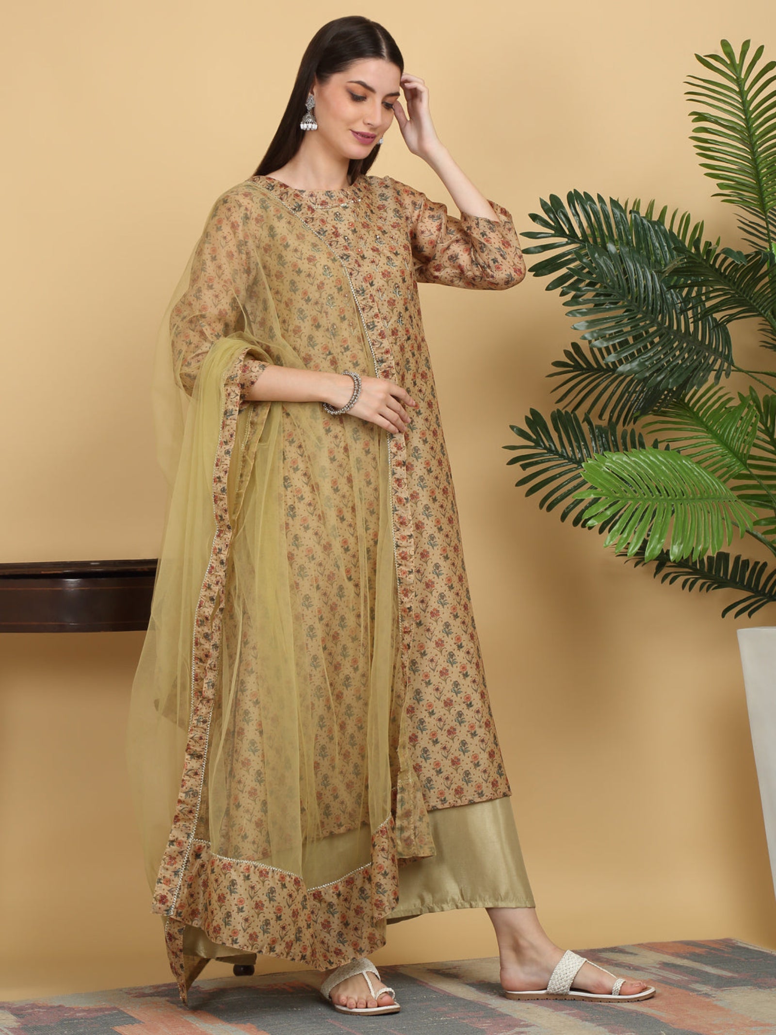 Maluka Women’s Green Floral Print Ankle Length Kurta Set with Dupatta