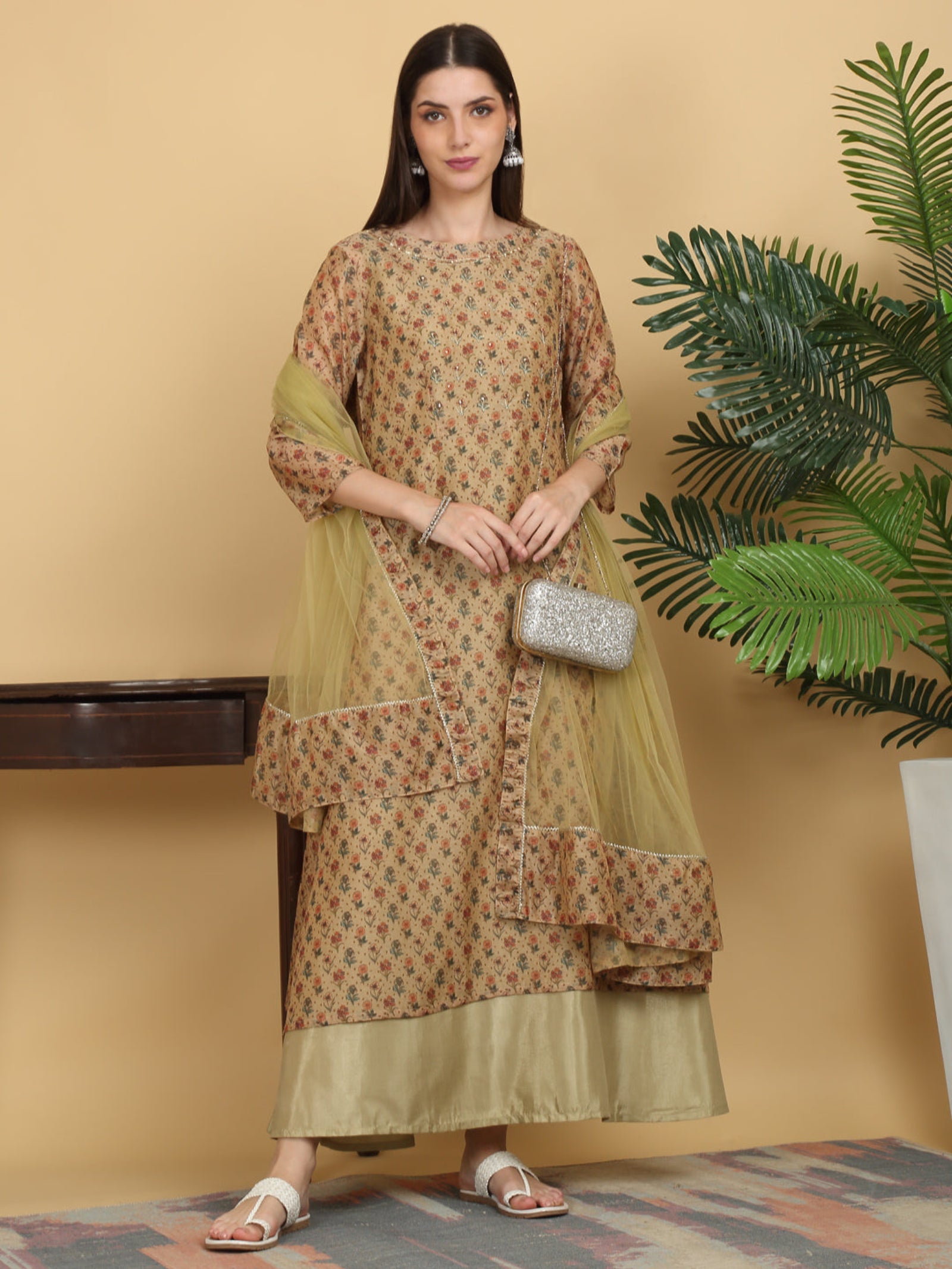 Maluka Women’s Green Floral Print Ankle Length Kurta Set with Dupatta