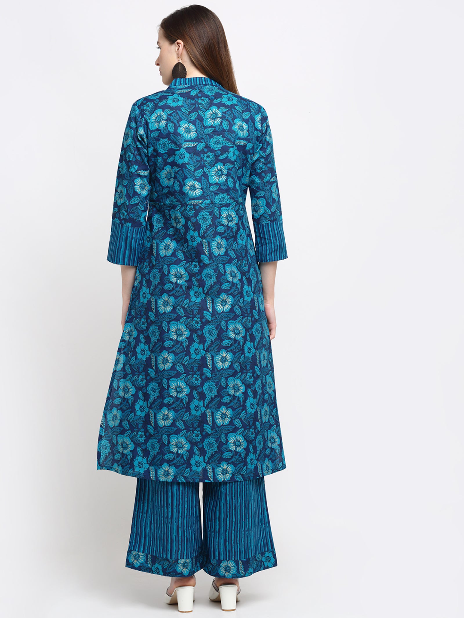 Maluka Women’s Turquoise Floral Gold Print Cotton Kurta Palazzo Set